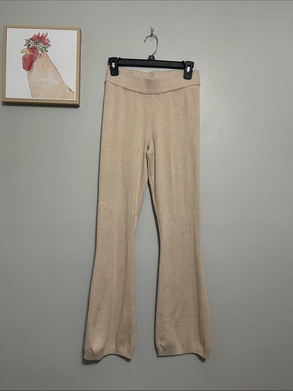 Pink Rose Knit Flare Pants in Beige